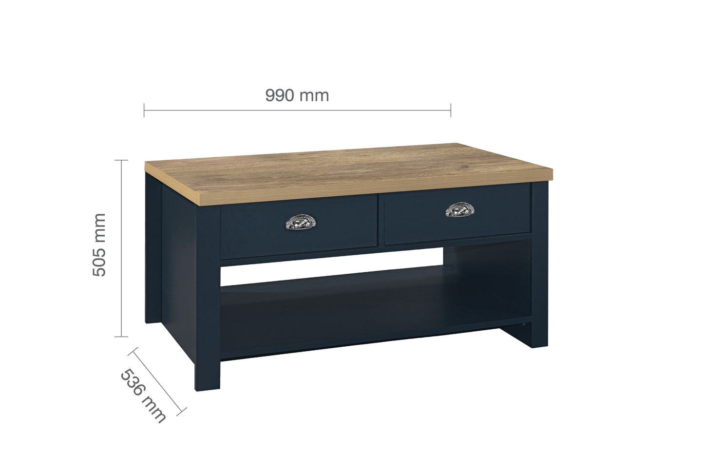 Highgate 2 Drawer Coffee Table Navy Blue & Oak