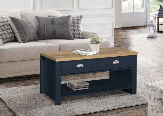 Highgate 2 Drawer Coffee Table Navy Blue & Oak